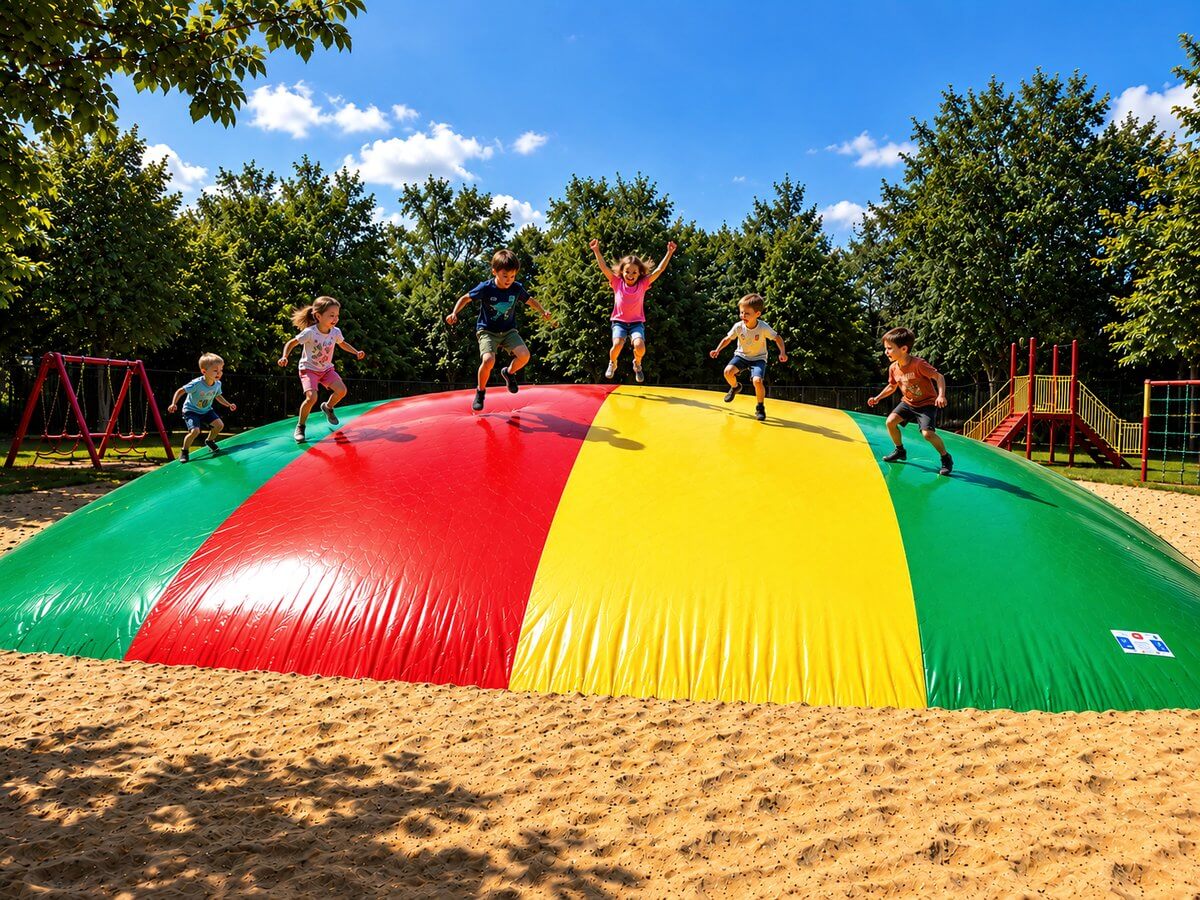 Kinderen springen op het grote springkussen in de buitenspeeltuin van Crocky